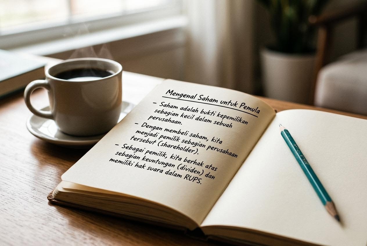 Buku catatan terbuka di samping cangkir kopi dengan catatan ringkas tentang saham