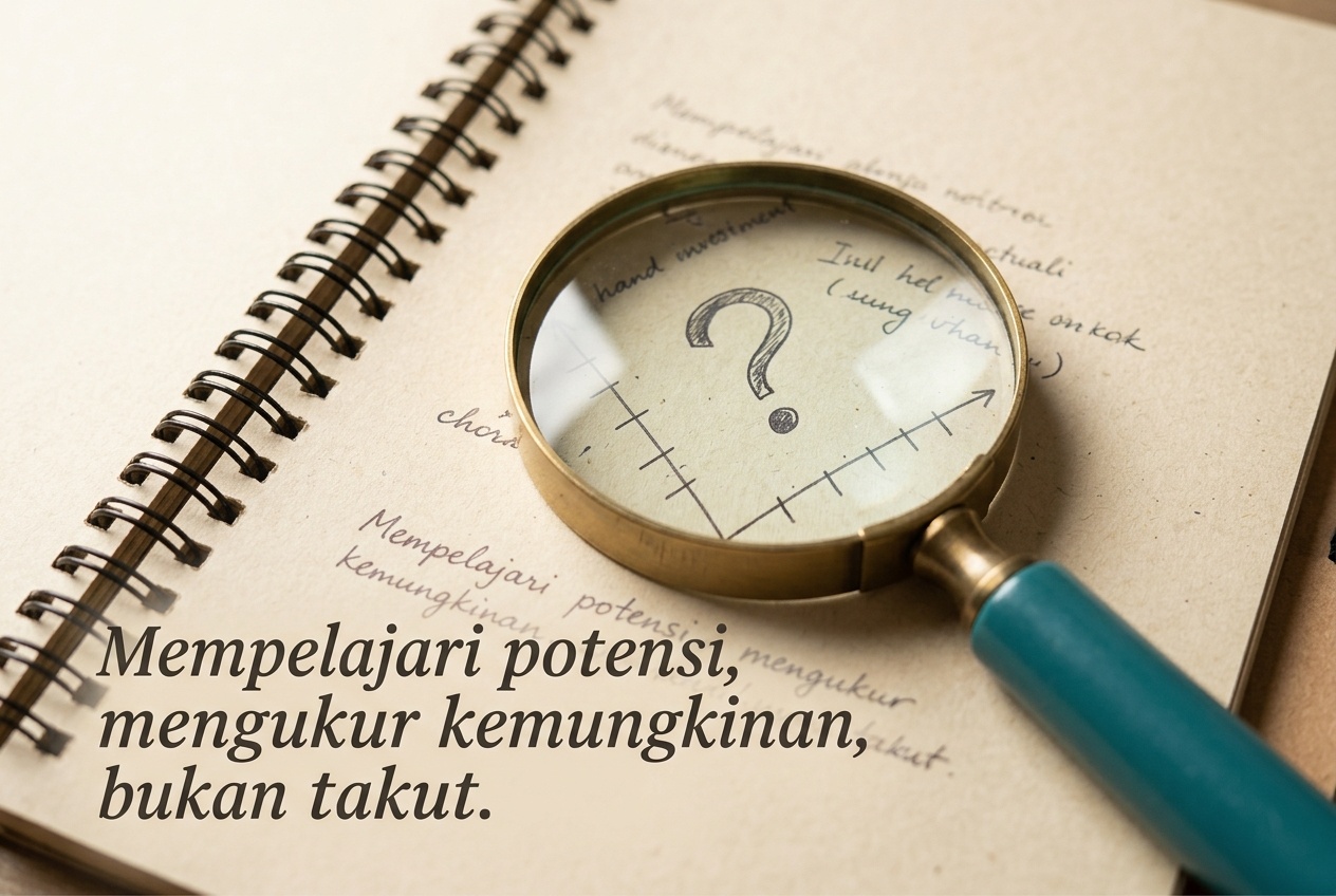 Kaca pembesar di atas halaman catatan bertanda tanda baca tanya dan garis penggaris